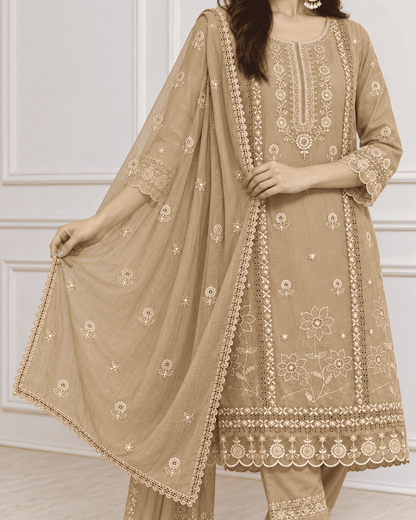 Beige Floral Embroidered Mul Cotton Kurta Pant With Dupatta