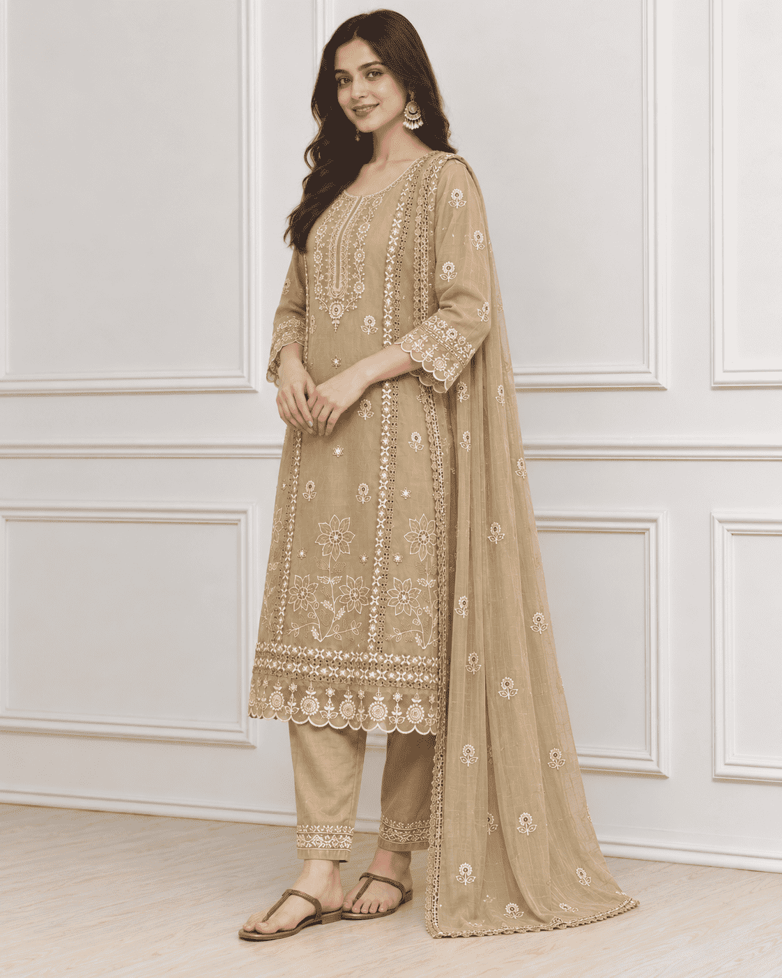 Beige Floral Embroidered Mul Cotton Kurta Pant With Dupatta