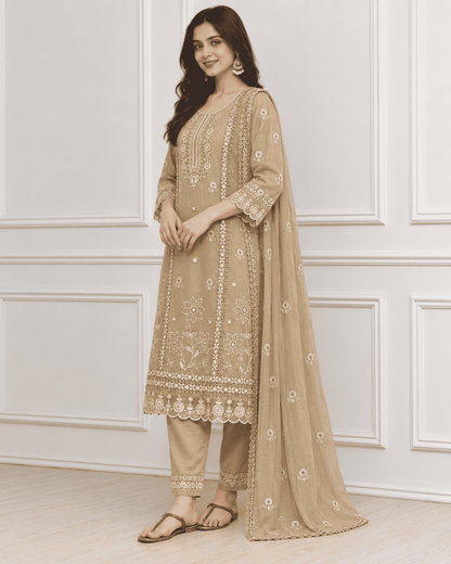 Beige Floral Embroidered Mul Cotton Kurta Pant With Dupatta