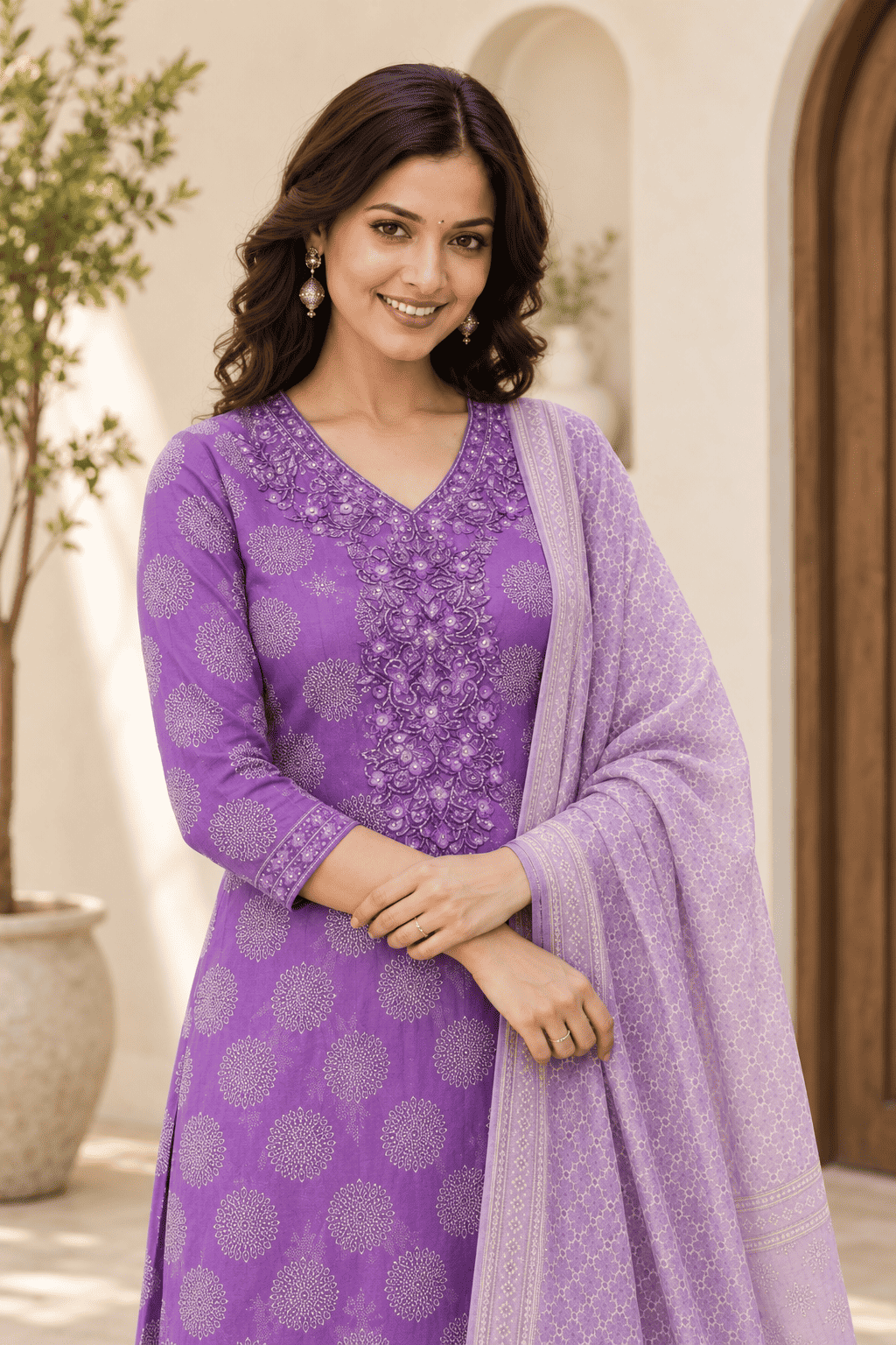 Lavender Cotton Bagru Handblock Kurta Set With Matching Dupatta