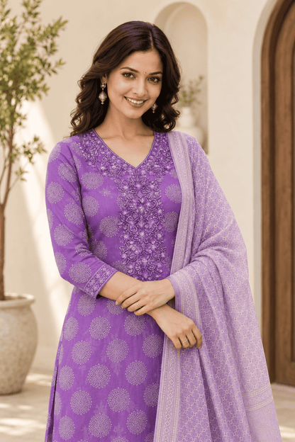 Lavender Cotton Bagru Handblock Kurta Set With Matching Dupatta