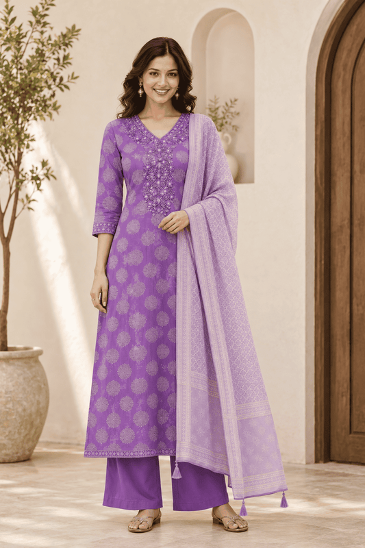 Lavender Cotton Bagru Handblock Kurta Set With Matching Dupatta