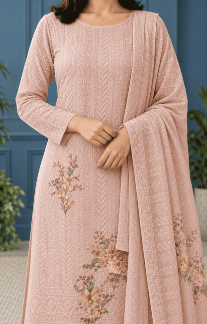 Pastel Lavender Unstitched Chiffon Suit Set With Dupatta Adorned With Floral Threadwork
