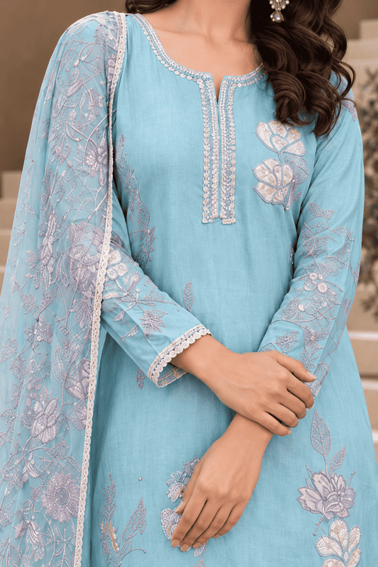 Unstitched Aqua Green Embroidered Cotton Slub Suit Set With Dupatta