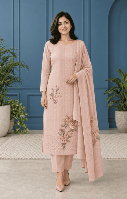 Pastel Lavender Unstitched Chiffon Suit Set With Dupatta Adorned With Floral Threadwork