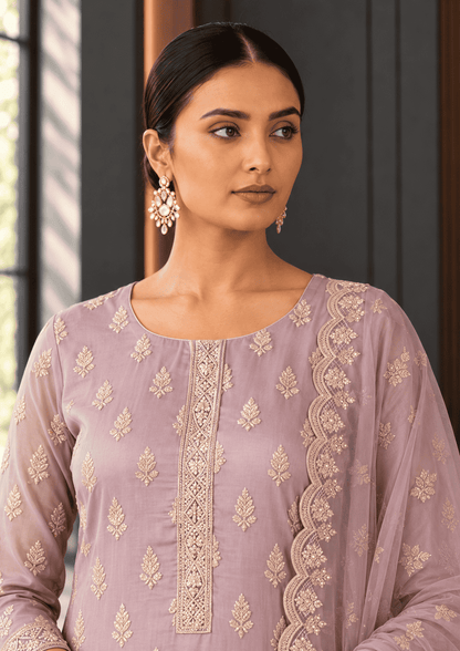 Semi-Stitched Dusty Lavender Organza With Ivory Tree-Motif Sequin Embroidered Suit Material