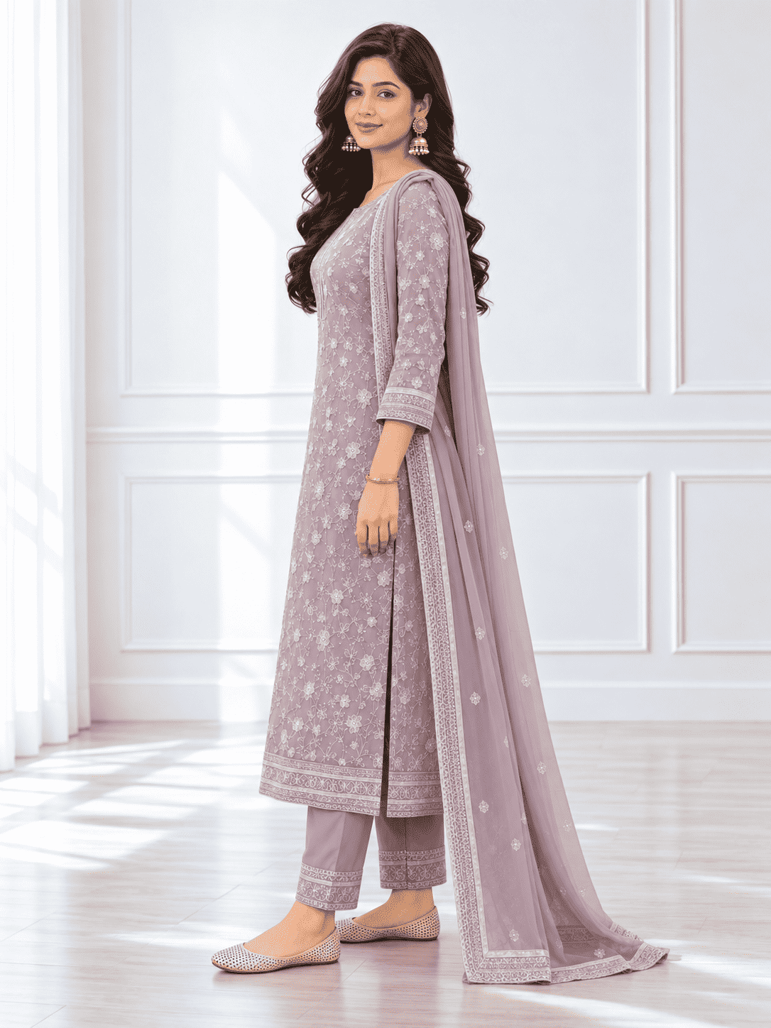 Unstitched Lavender Georgette With Sequin Embroidered Suit Material