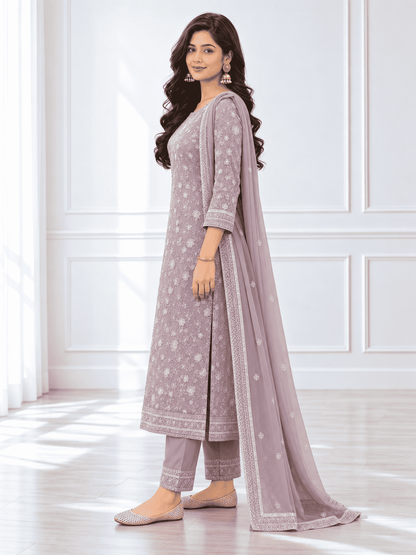 Unstitched Lavender Georgette With Sequin Embroidered Suit Material