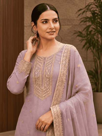 Lilac Semi-Stitched Sheer Organza with Sequins Suit Set With Dupatta