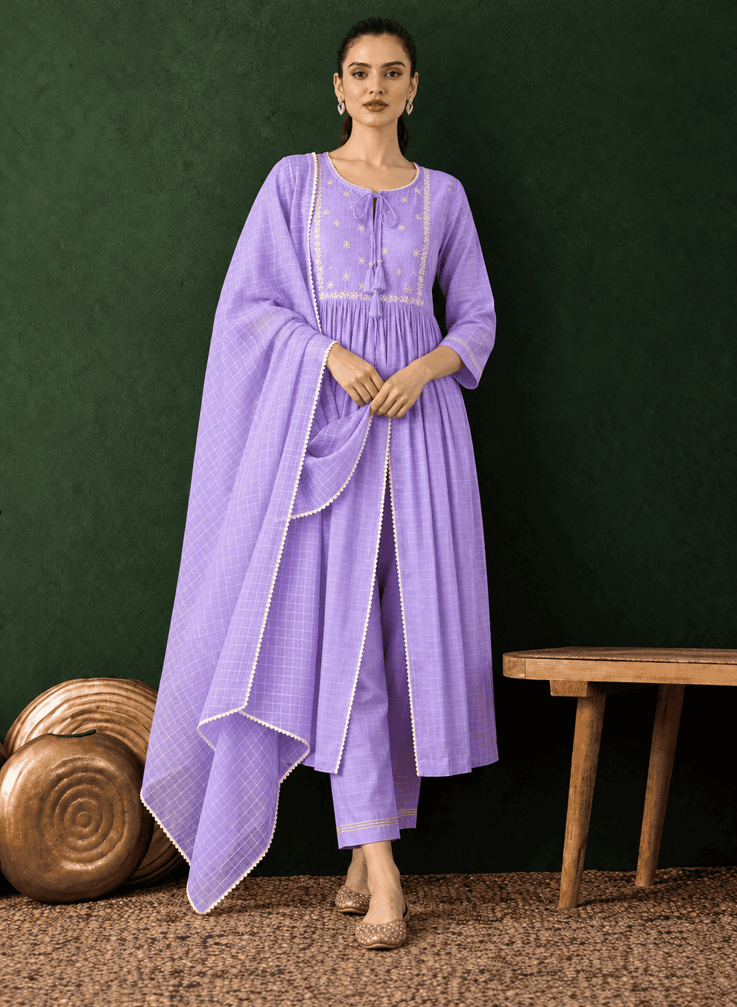 Kota doria lavender kurta pant set with dupatta