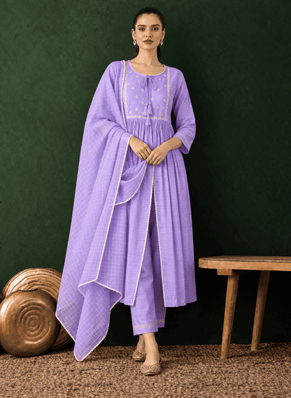 Kota doria lavender kurta pant set with dupatta