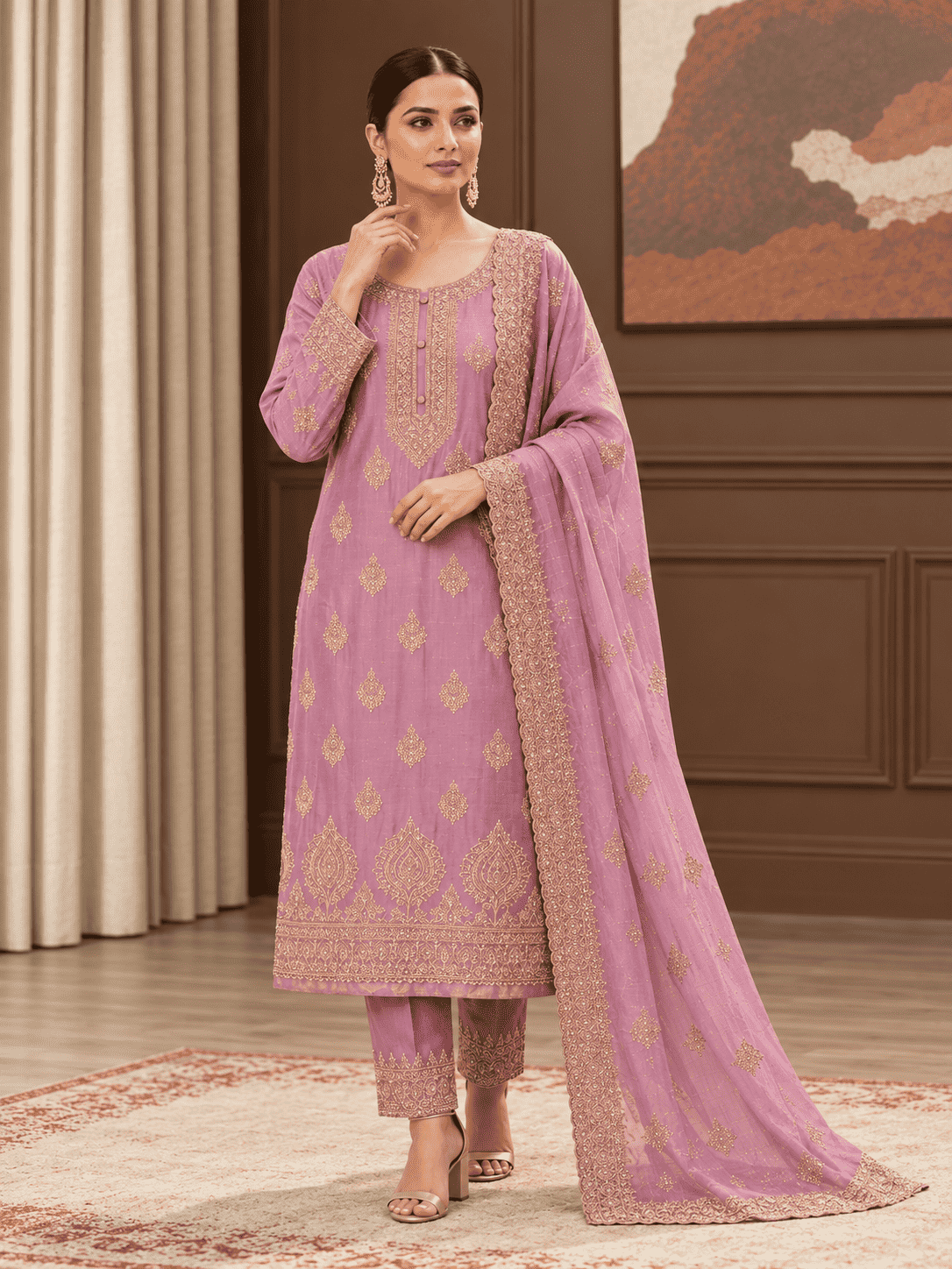 Semi-Stitched Shimmer Organza Silk In Soft Lavender Suit Material