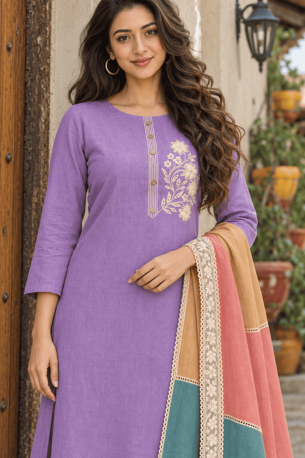 Unstitched purple embroidered cotton suit set with a contrasting dupatta