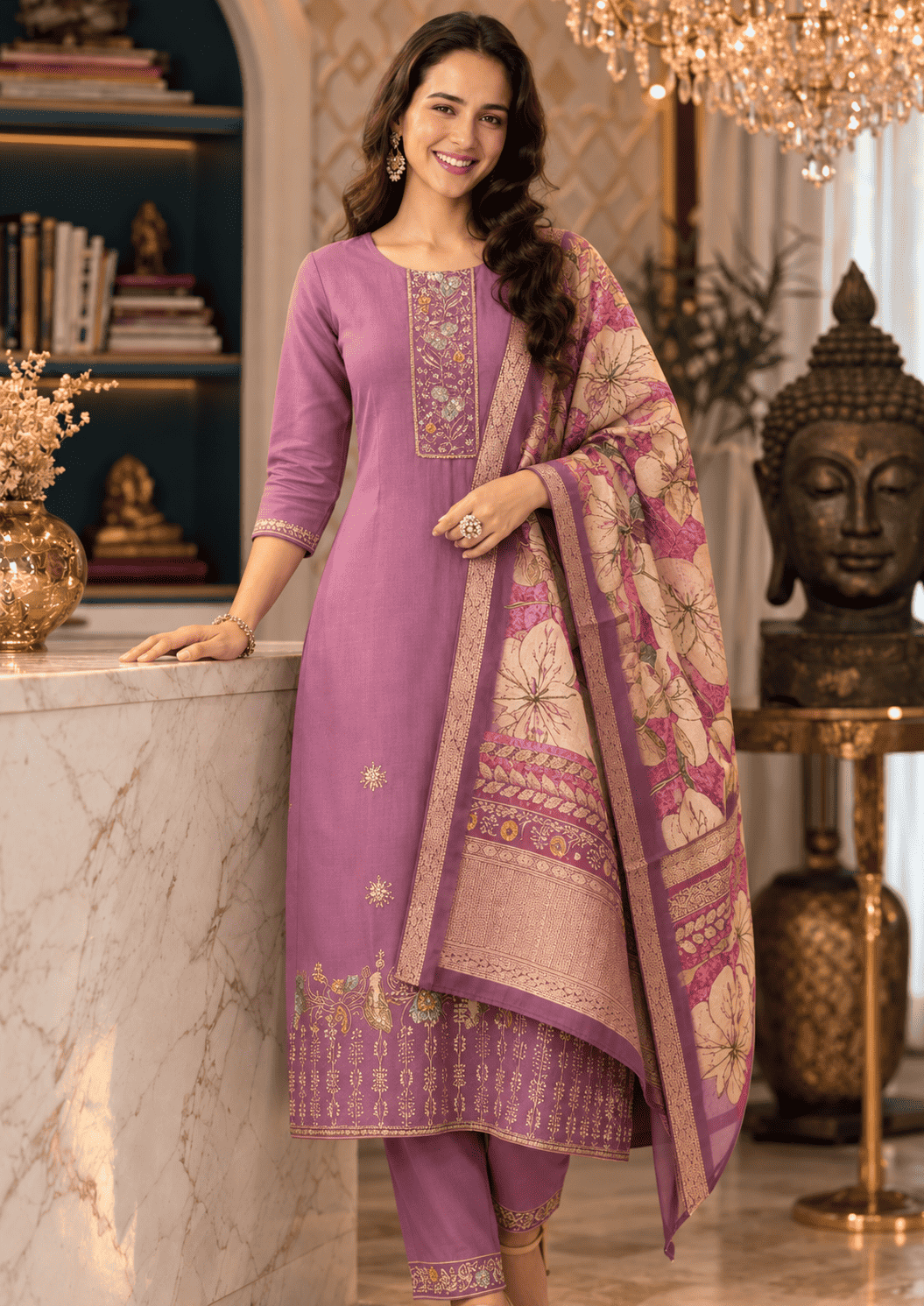 Lavender Cotton Blend Kurta Pant With Floral Printed Dupatta