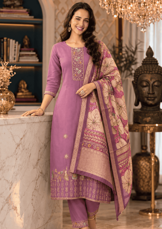 Lavender Cotton Blend Kurta Pant With Floral Printed Dupatta