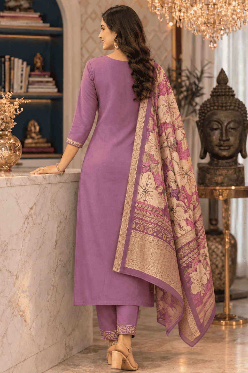 Lavender Cotton Blend Kurta Pant With Floral Printed Dupatta