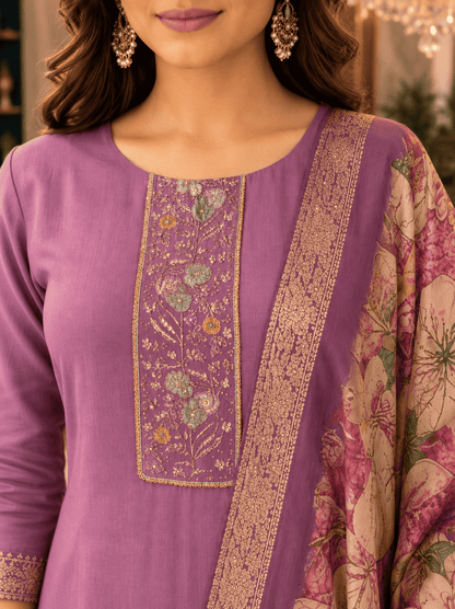 Lavender Cotton Blend Kurta Pant With Floral Printed Dupatta
