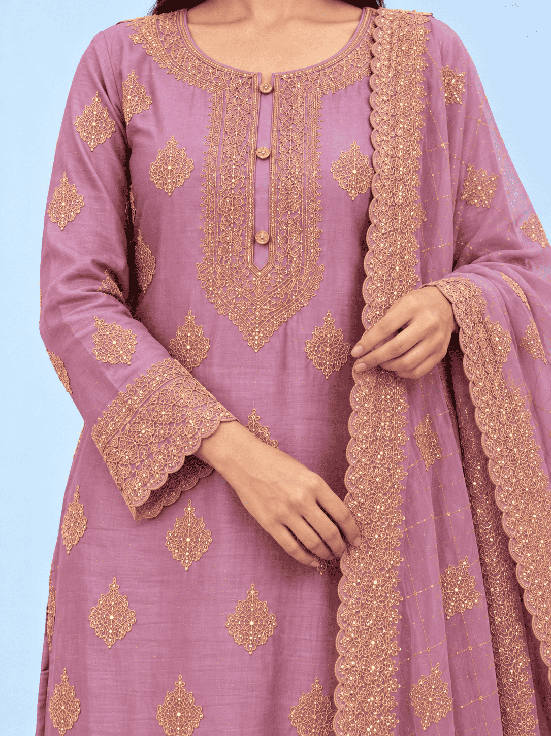 Purple-Lavender Semi Stitched Shimmer Tissue Suit Set With Dupatta With Embroidery
