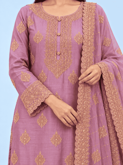 Purple-Lavender Semi Stitched Shimmer Tissue Suit Set With Dupatta With Embroidery