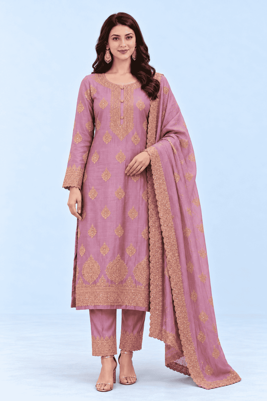 Purple-Lavender Semi Stitched Shimmer Tissue Suit Set With Dupatta With Embroidery