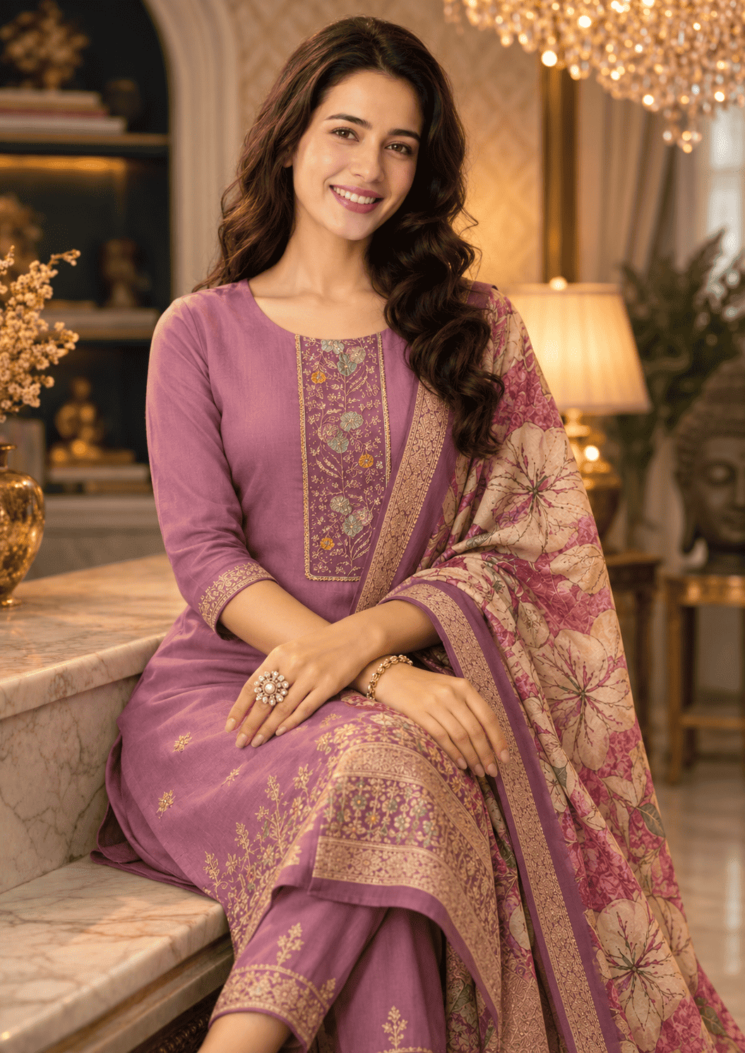 Lavender Cotton Blend Kurta Pant With Floral Printed Dupatta