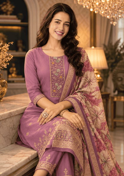 Lavender Cotton Blend Kurta Pant With Floral Printed Dupatta