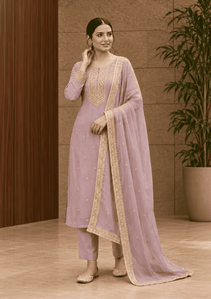 Lilac Semi-Stitched Sheer Organza with Sequins Suit Set With Dupatta