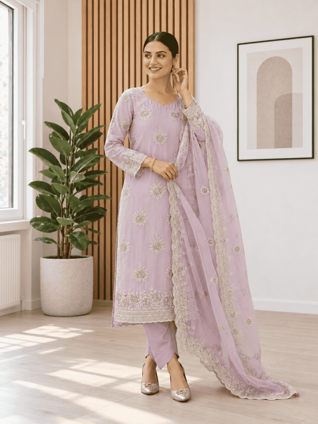 Semi-Stitched Mauve Lilac Chiffon Suit With Heavy Floral Sequin Border Detailing