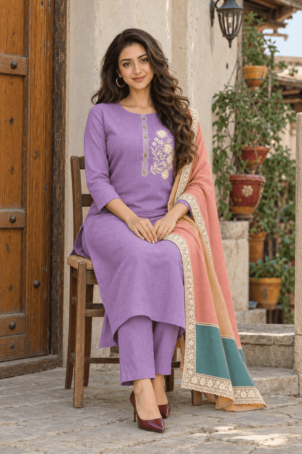 Unstitched purple embroidered cotton suit set with a contrasting dupatta