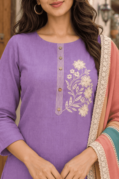 Unstitched purple embroidered cotton suit set with a contrasting dupatta