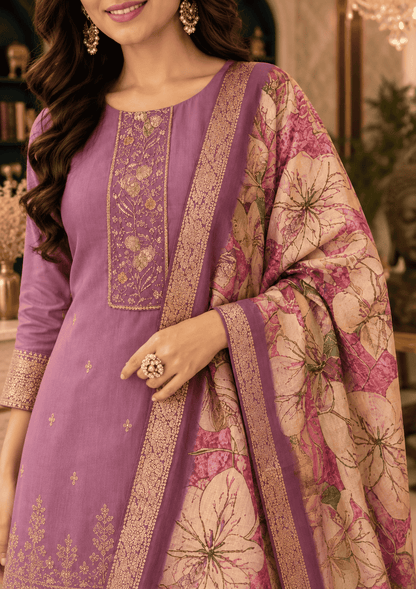 Lavender Cotton Blend Kurta Pant With Floral Printed Dupatta