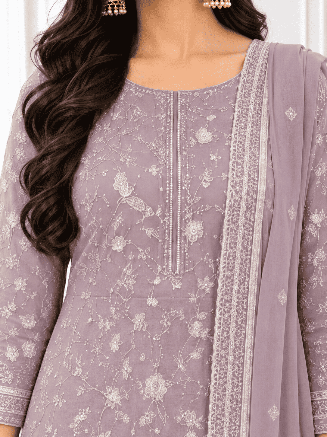 Unstitched Lavender Georgette With Sequin Embroidered Suit Material