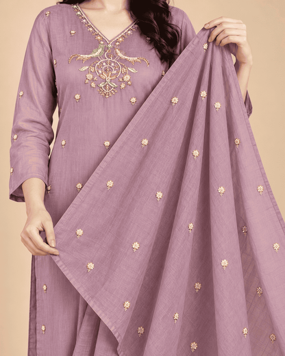 Lavender Embroidered Silk Blend Kurta Pant and Dupatta
