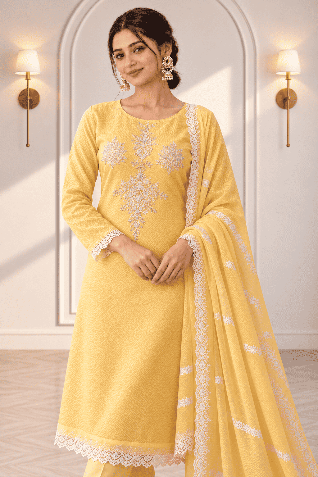 Unstitched lime embroidered cotton suit with dupatta