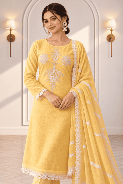 Unstitched lime embroidered cotton suit with dupatta