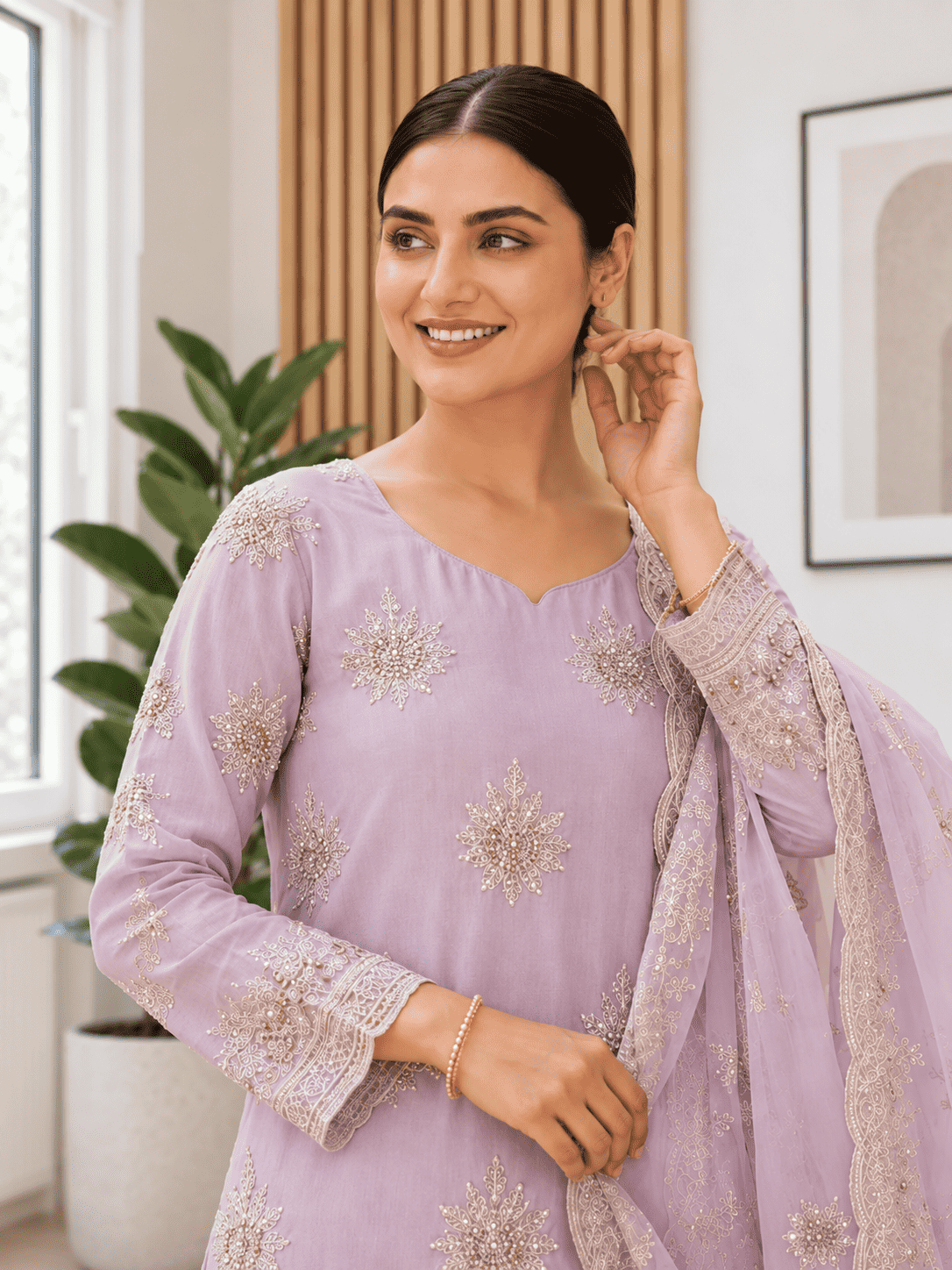 Semi-Stitched Mauve Lilac Chiffon Suit With Heavy Floral Sequin Border Detailing