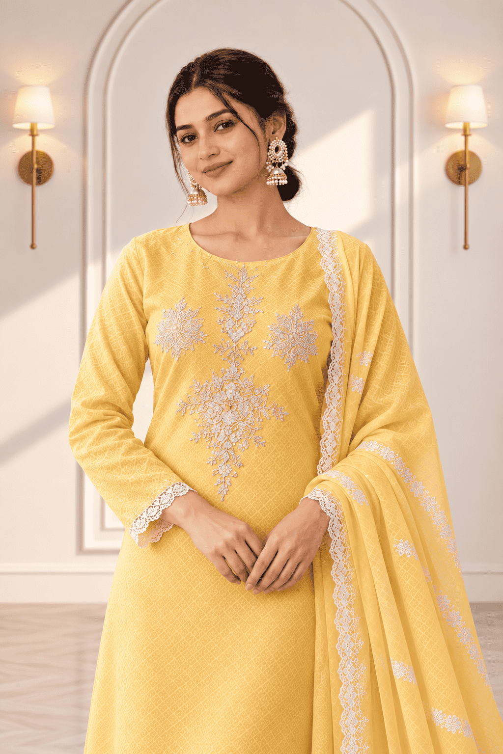Unstitched lime embroidered cotton suit with dupatta