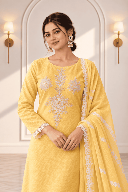 Unstitched lime embroidered cotton suit with dupatta