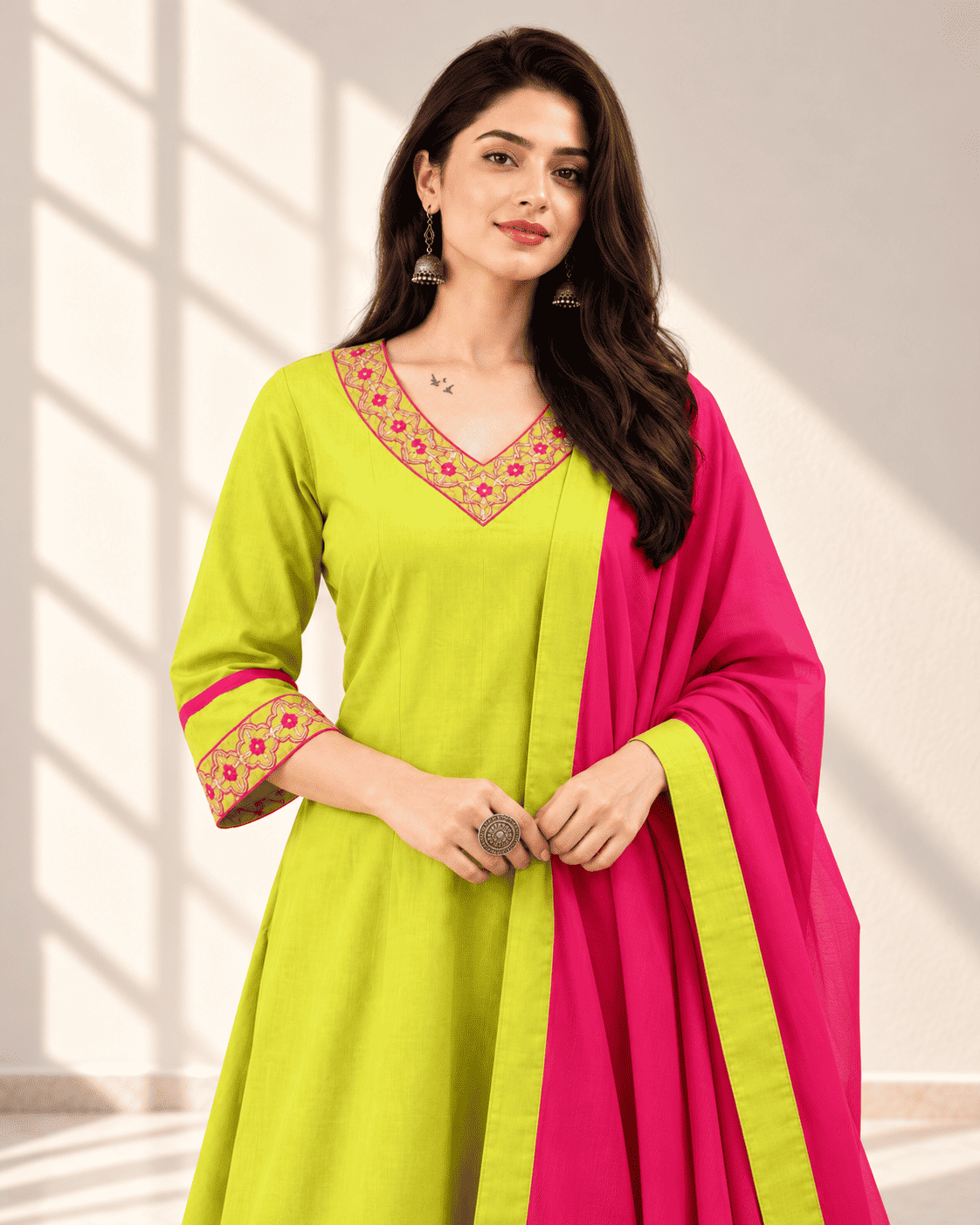 Lime Green Embroidered Cotton Kurta and Pant with Dupatta