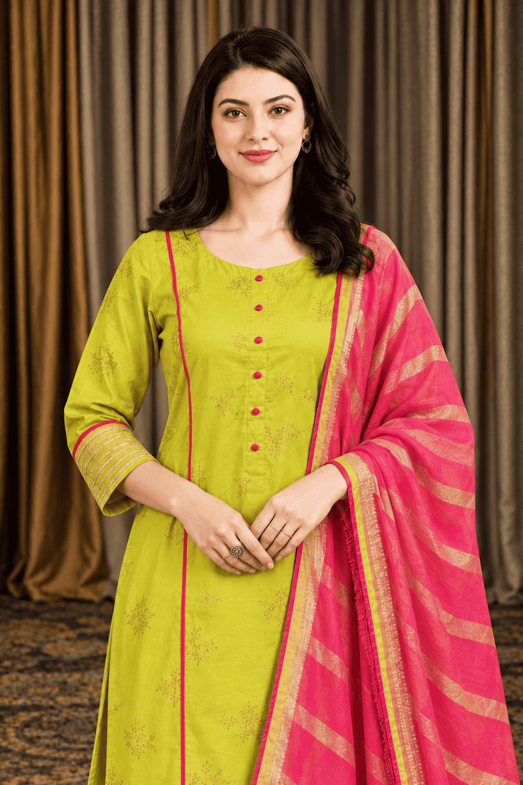 Lime green cotton embroidered kurta pant set with pink dupatta