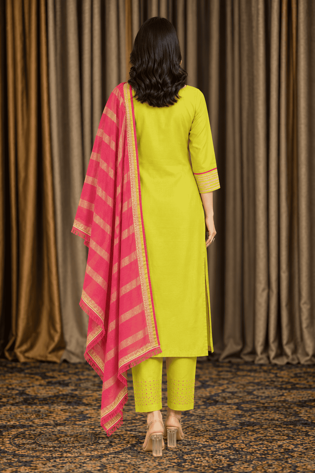 Lime green cotton embroidered kurta pant set with pink dupatta