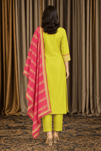 Lime green cotton embroidered kurta pant set with pink dupatta