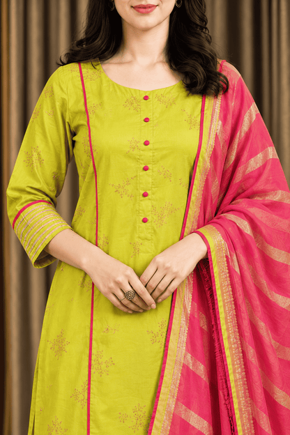 Lime green cotton embroidered kurta pant set with pink dupatta