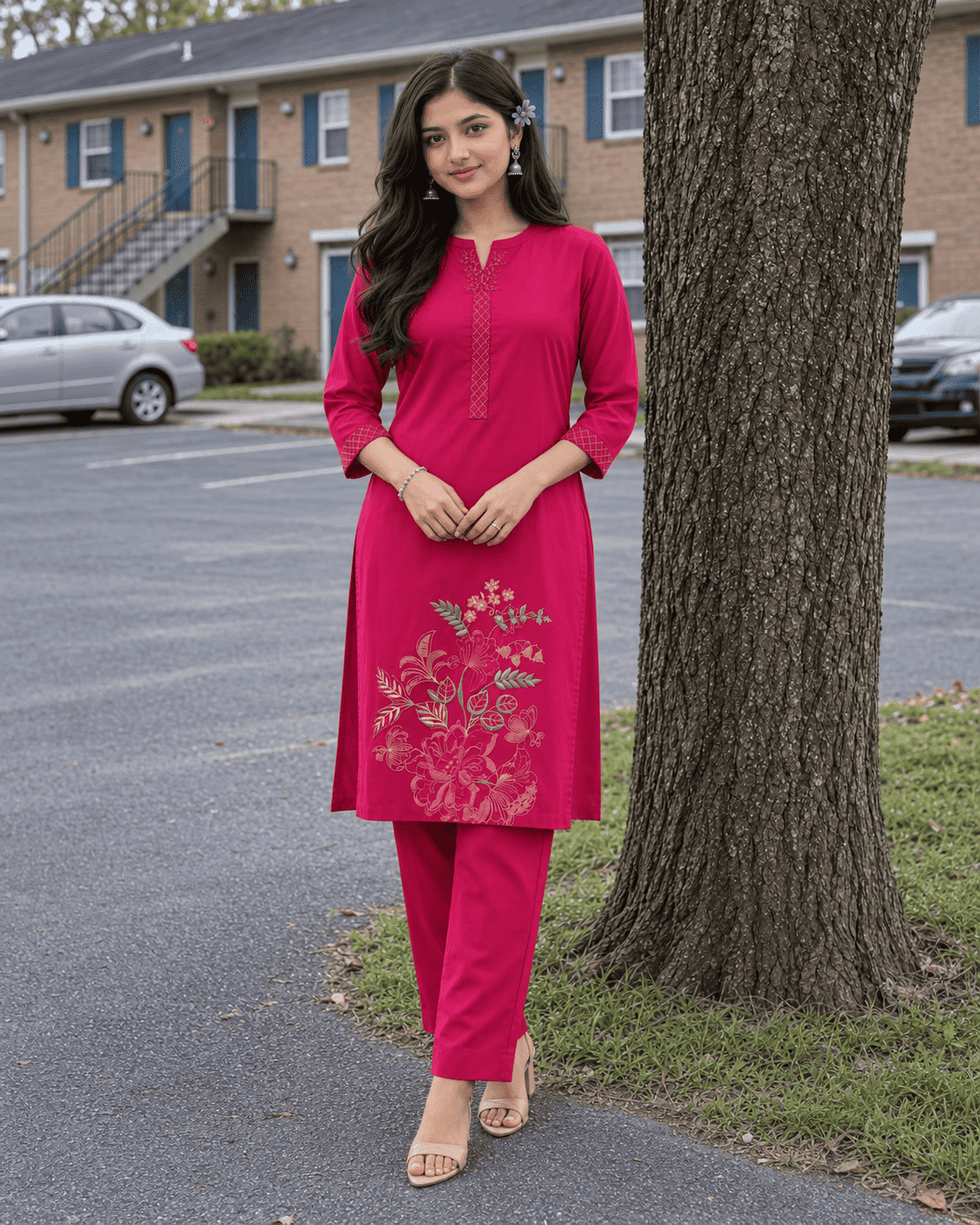 Pink Modal Cotton Embroidered Kurta Pant Set