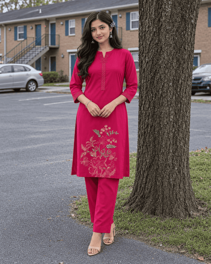 Pink Modal Cotton Embroidered Kurta Pant Set