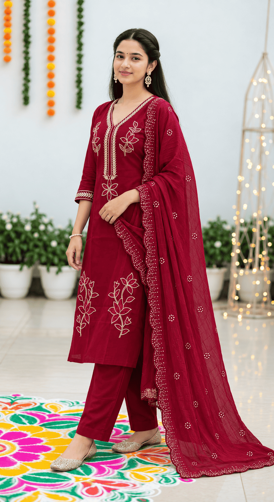 Magenta Embroidered Cotton Blend Kurta Pant and Dupatta