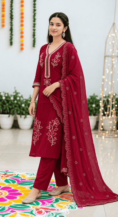 Magenta Embroidered Cotton Blend Kurta Pant and Dupatta