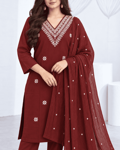 Deep Maroon Embroidered Cotton Blend Kurta Pant and Dupatta