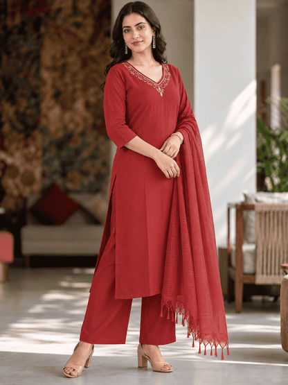 Maroon Embroidered Rayon Kurta Pant and Dupatta