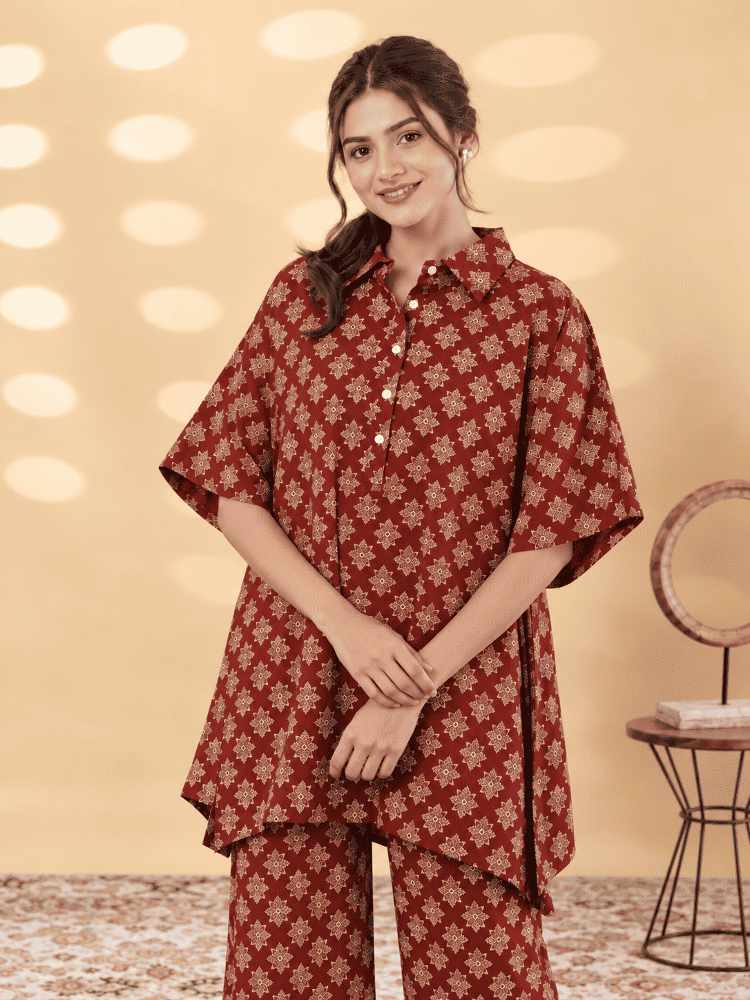 Maroon Printed Cotton Blend Co-ord Set